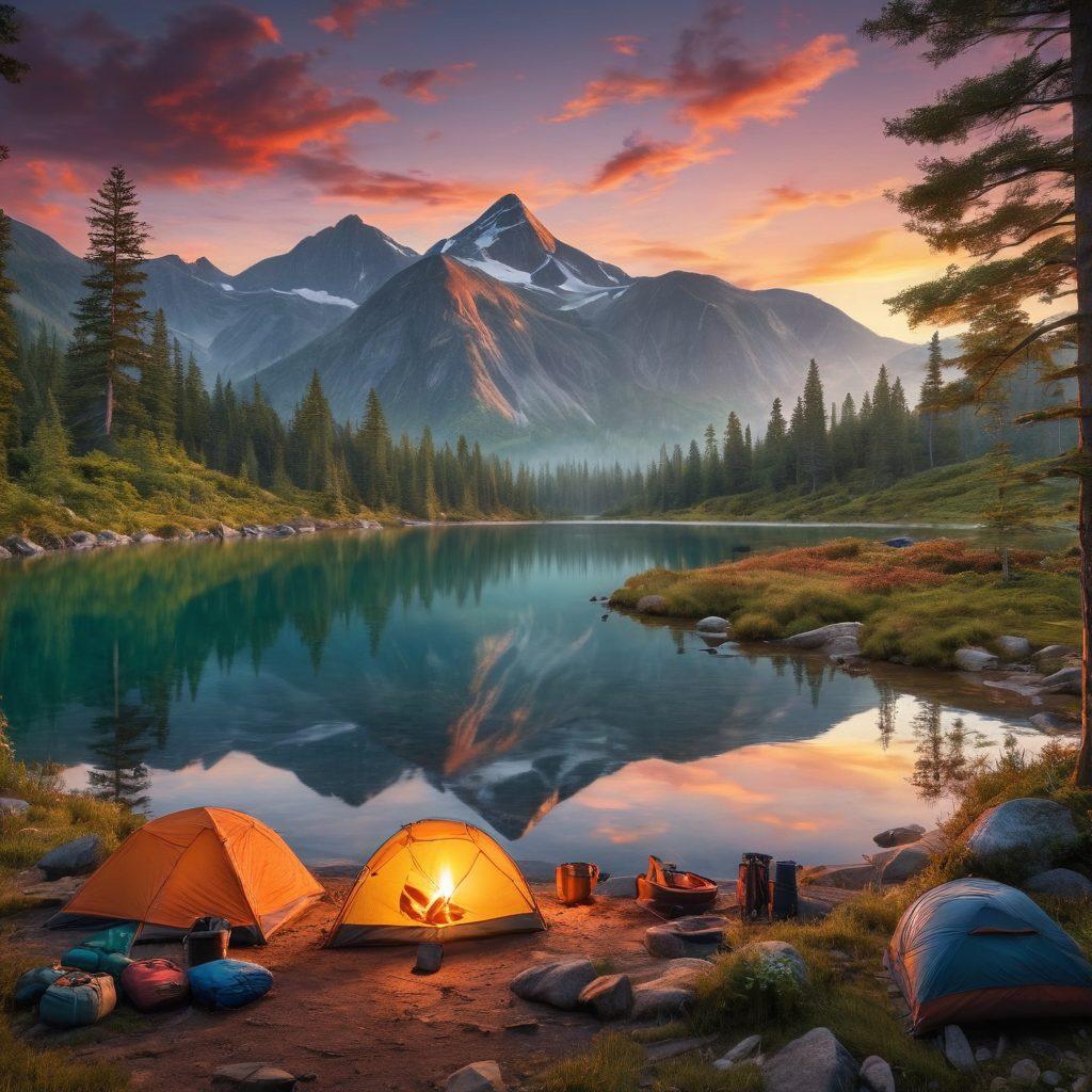 A breathtaking campsite scene set in a lush forest, showcasing essential camping gear such as a tent, sleeping bags, cooking utensils, and backpacks. The background features a tranquil lake reflecting the mountains under a vibrant sunset sky, with a campfire glowing warmly in the foreground. Include a couple of hikers preparing for adventure, surrounded by wildlife like deer and birds. super-realistic. vibrant colors. 3D.