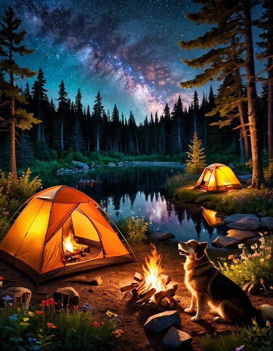 A serene camping scene in a lush forest, featuring a cozy tent surrounded by vibrant wildflowers, a crackling campfire with glowing embers, and twinkling stars above. Include a family roasting marshmallows and a dog playfully running by. Emphasize safety gear like a first-aid kit and safety lanterns nearby. super-realistic. vibrant colors. night sky.