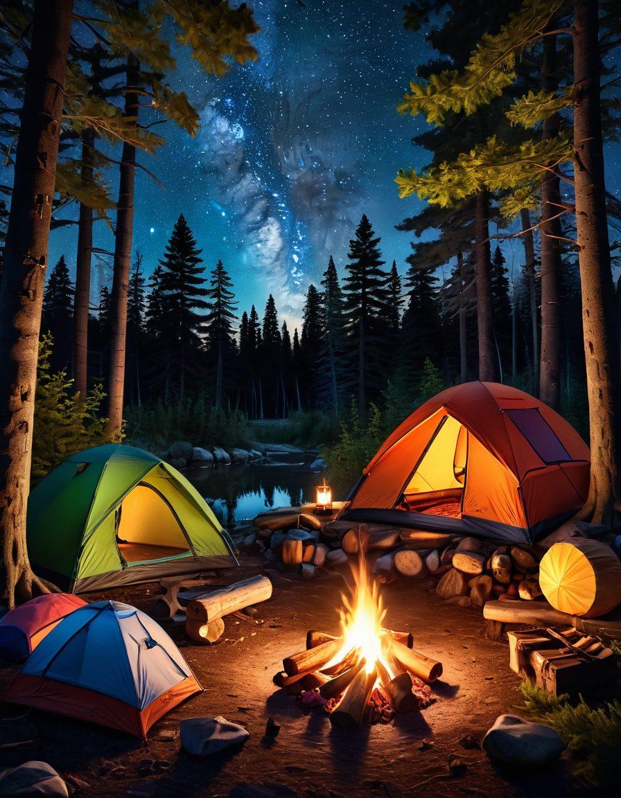 A vibrant campsite nestled in a dense forest, showcasing essential camping supplies such as a colorful tent, a campfire with roasting marshmallows, backpacks, and cooking gear scattered around. The scene includes a starry night sky and glowing lanterns to create a cozy ambiance, inviting the viewer to imagine their own adventure. super-realistic. vibrant colors. 3D.
